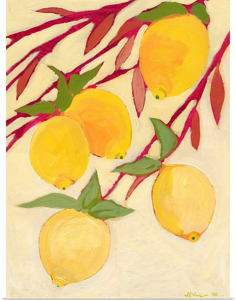 Fine art painting of five brightly colored lemons hanging off a tree branch. Vibrant colors dominate.