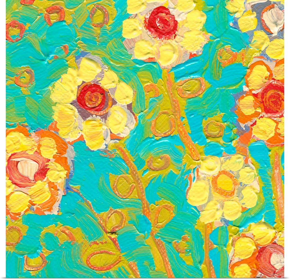 Large painting of yellow flowers with a teal background. Brushstrokes are applied in various directions.