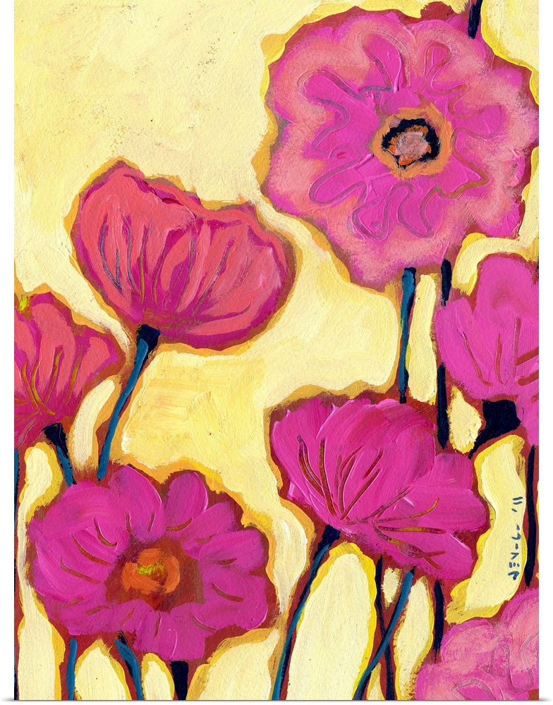 Contemporary abstract  painting of flower blossoms on bright background.