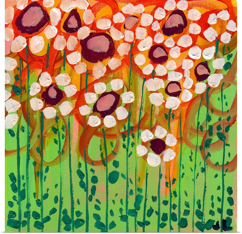 Contemporary painting of tall standing flowers.  The flowers were created using primitive like markings resembling a finge...