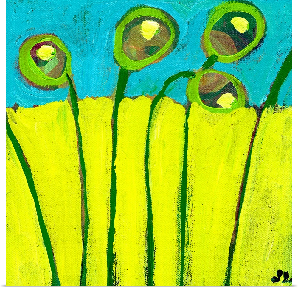 Contemporary painting of circular flowers coming up through the earth and growing towards the sky.