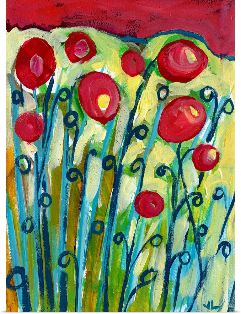 This large vertical painting shows long flowers sprouting from the ground with red tops.