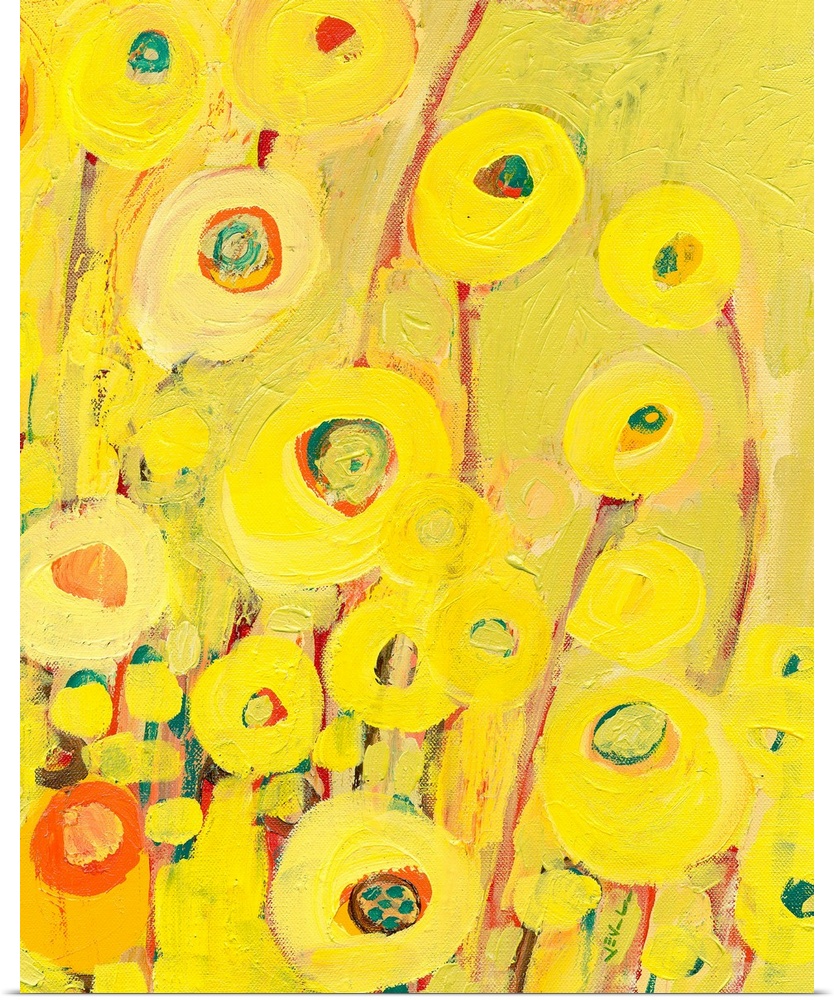 Contemporary painting of many brightly colored flowers, painted with heavily textured brushstrokes.