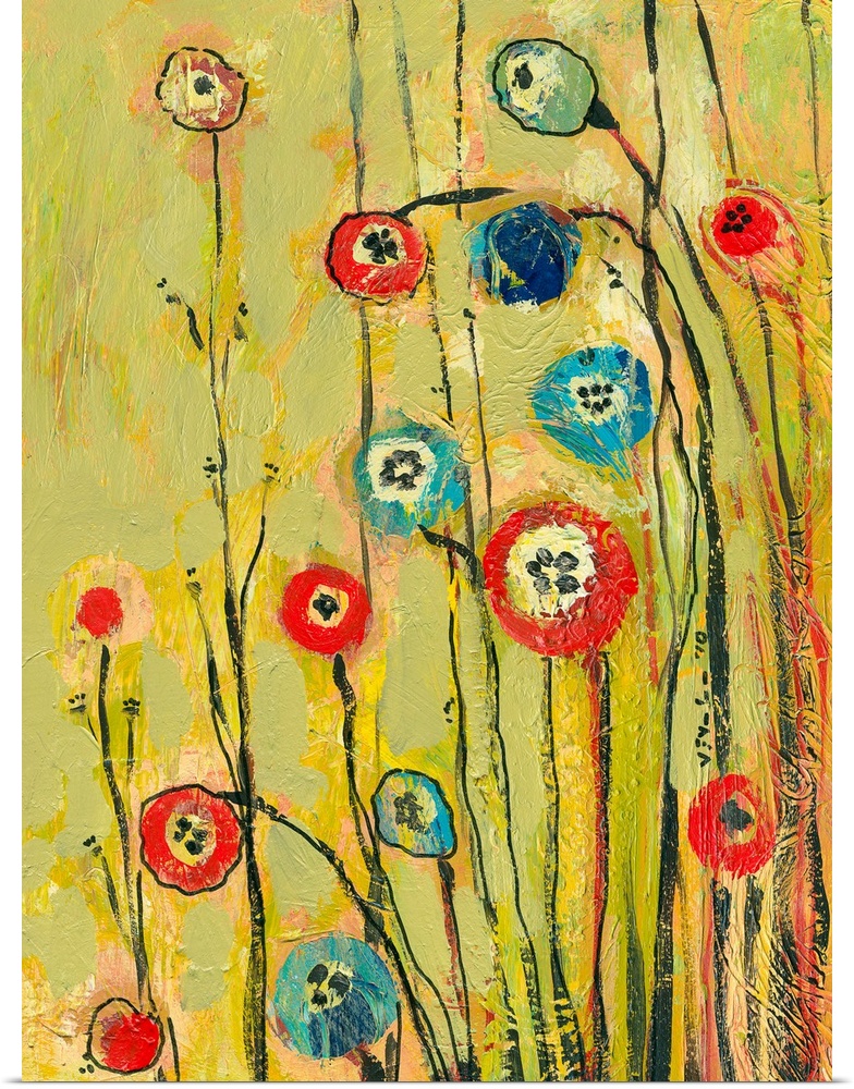 Abstract painting of circular flowers with long stems on a background with noticeable paint strokes.