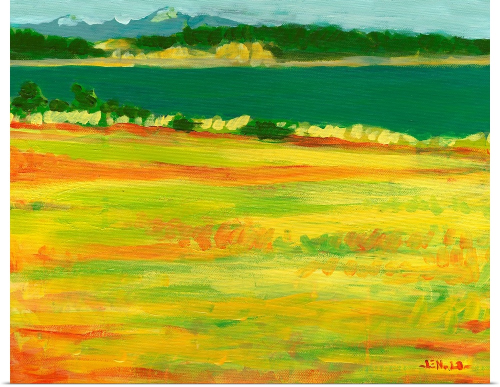 A contemporary painting with a view to the mountains across a grassy field and body of water.