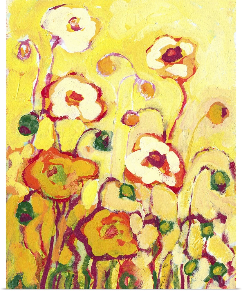 Contemporary painting of bright flowers reaching up to a bright sunny sky.