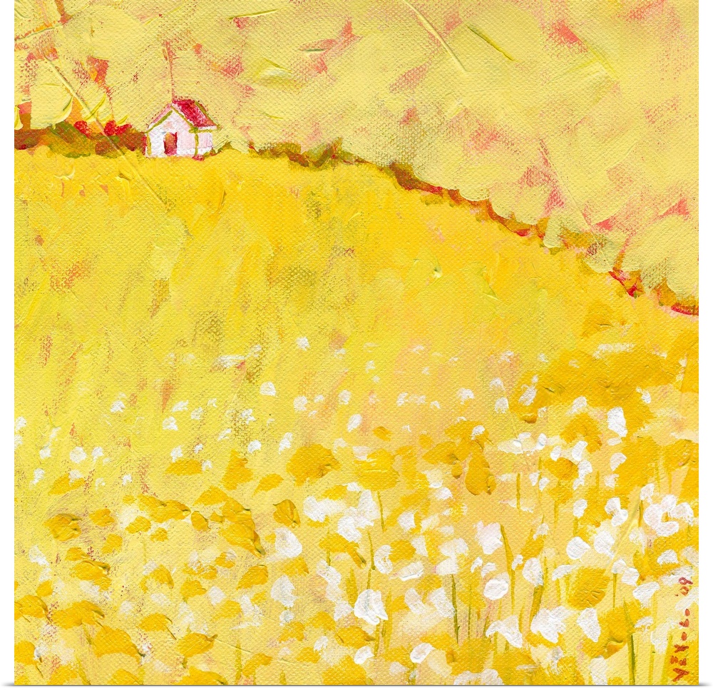 Painting of a house on top of a huge hill in vibrant tones.