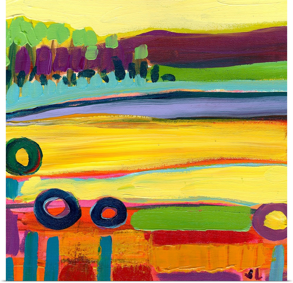 Large square contemporary art of a colorful landscape that includes fields in the foreground and mountains filled with tre...