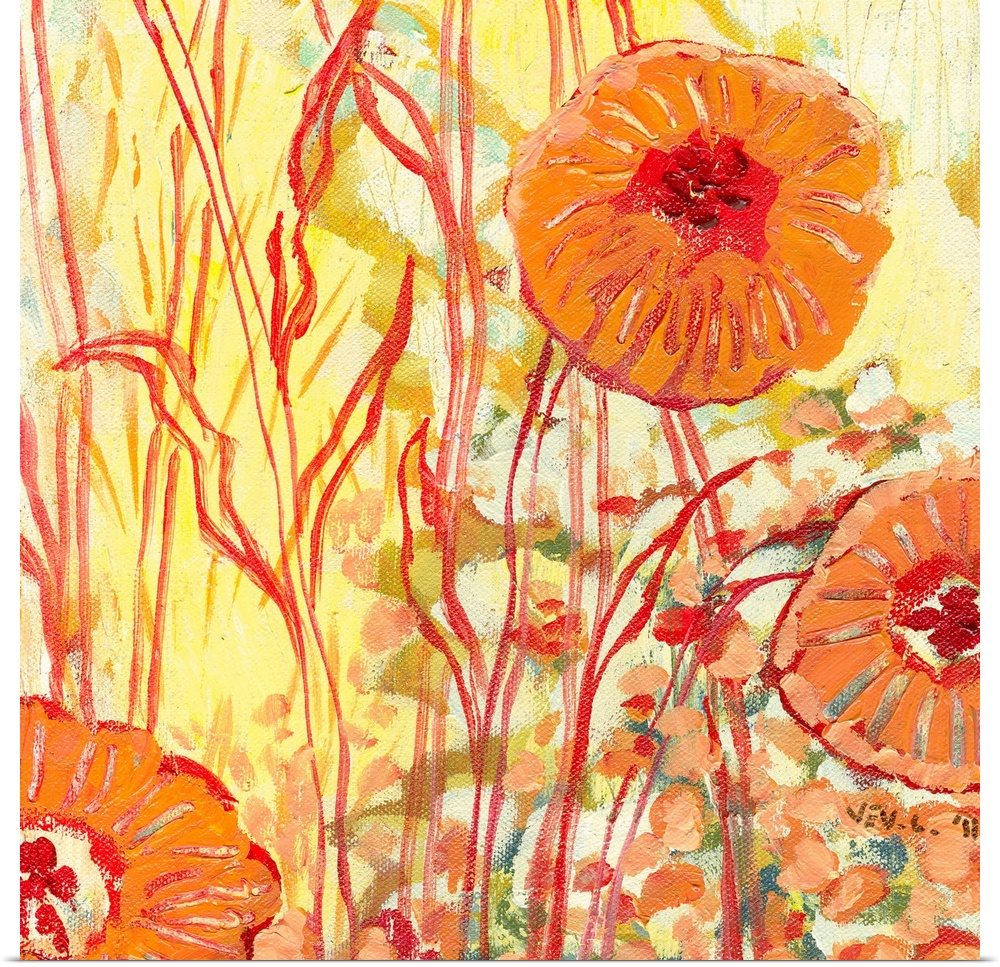 Contemporary painting of three round flowers growing in the tall grass, done in warm, summery colors.