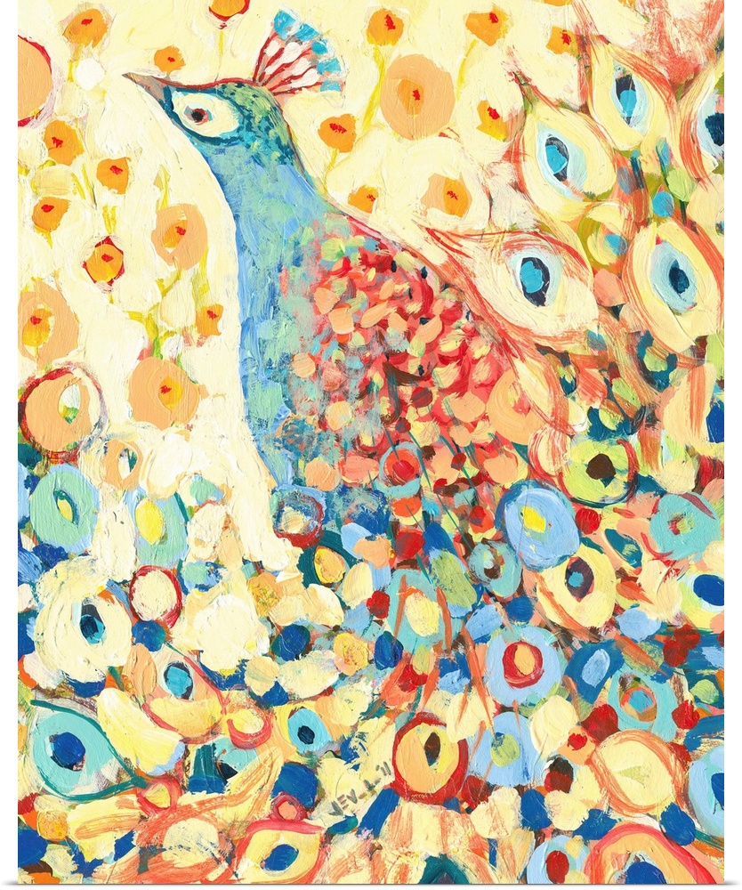 This stylized painting of a decorative bird is a wonderful decorative accent for a living room or bedroom.