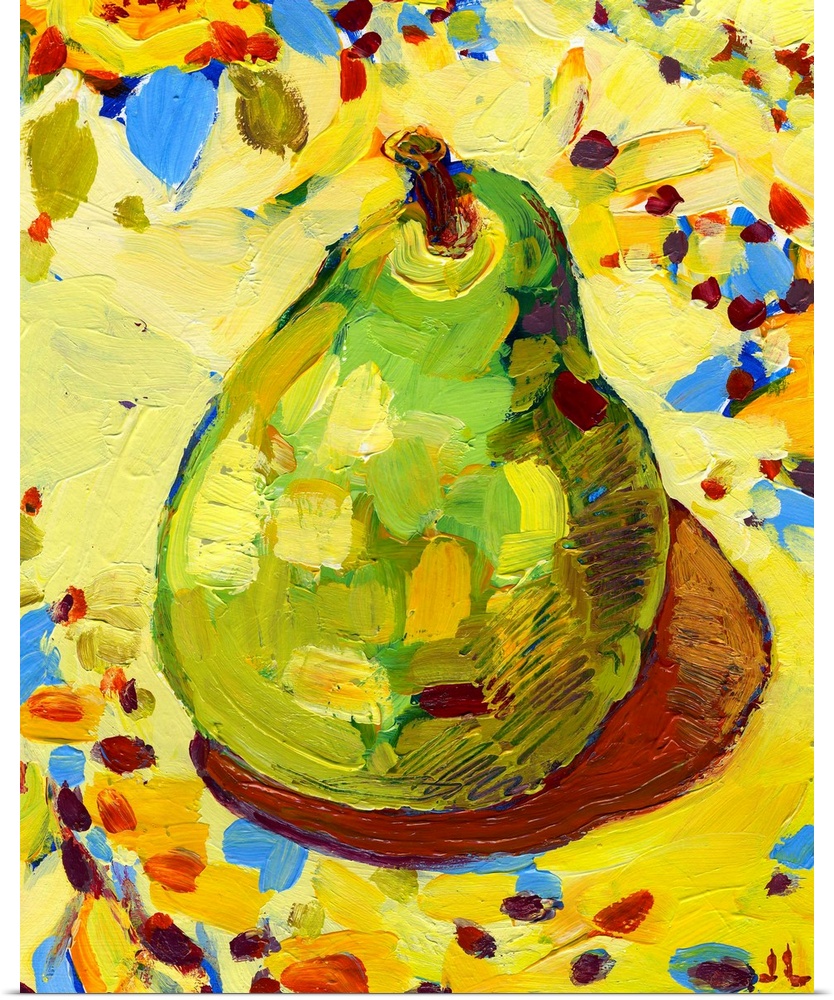 Large painting on canvas of a pear on fabric with long brush stroke textures on top.