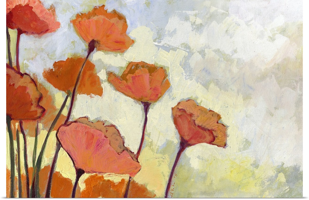 Orange and peach colored flowers are painted against a soft yellowish background.