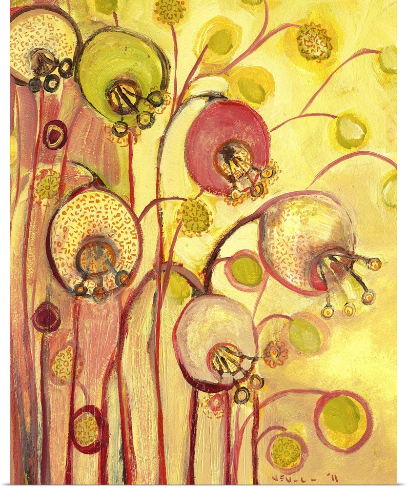 Contemporary, abstract, and whimsical painting of flowers and buds.