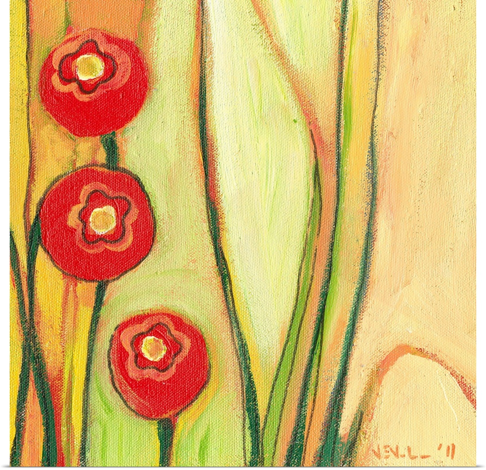 Contemporary painting of three poppy flowers and stems on a textured background.