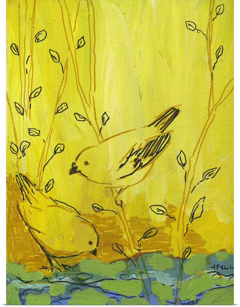 Cute contemporary illustration of two small backyard perching birds exploring leafy twigs in bright, springtime colors.