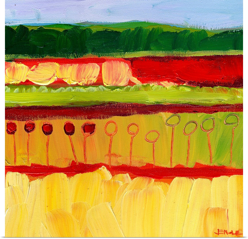 Abstract painting of colorful fields with vegetation created with broad textured brush strokes.