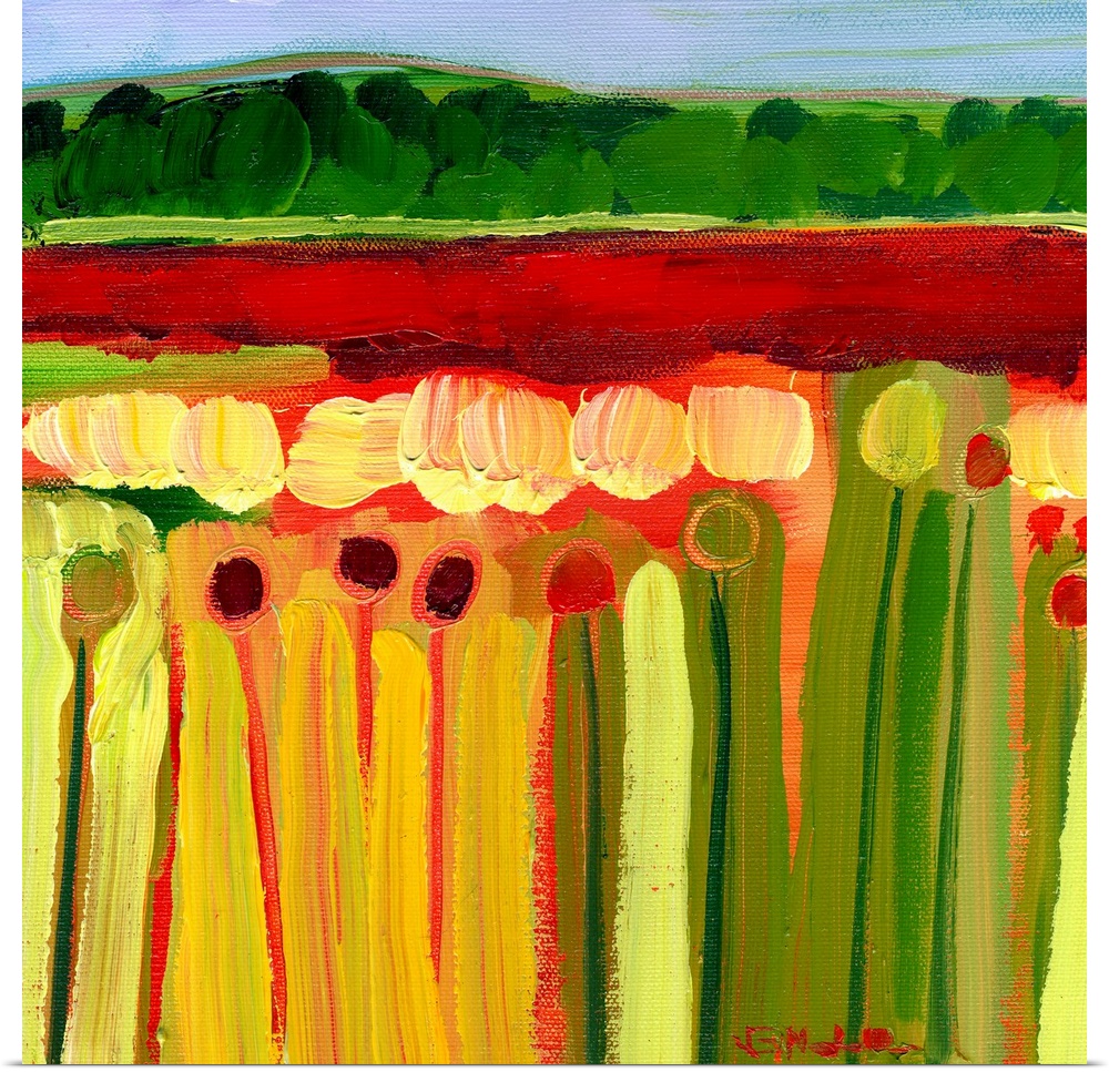 This contemporary wall art is a geometric, abstract painting that is a landscape of flower fields, woods, and a clear sky ...