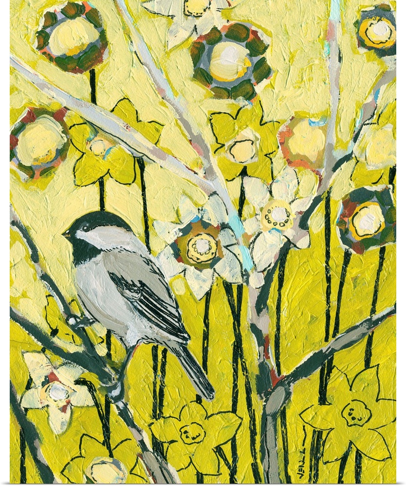 This decorative wall hanging is a vertical painting of a small songbird on a branch surrounded by abstract flowers.