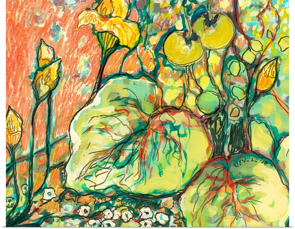 Large abstract painting on canvas of vegetables growing in a garden with flowers at the bottom.