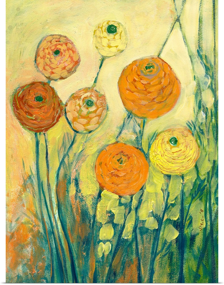 Contemporary painting of bright flower blossoms mixed in with tall grass under a bright clear sky.