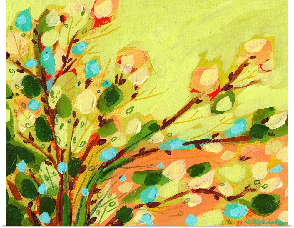 A contemporary abstract still life of flowers and leaves. This horizontal painting was created with big, gestural brush st...