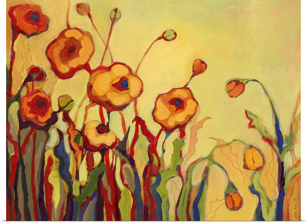 Abstract painting of flowers, some open and some closed, against a bright background.