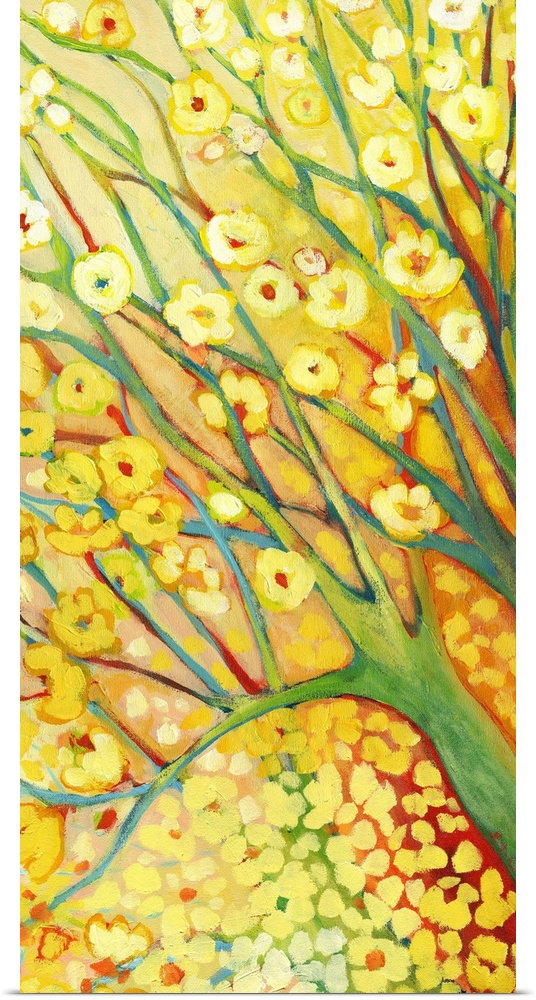 Budding yellow flowers sprout from tree branches and fall below on this vertical print.