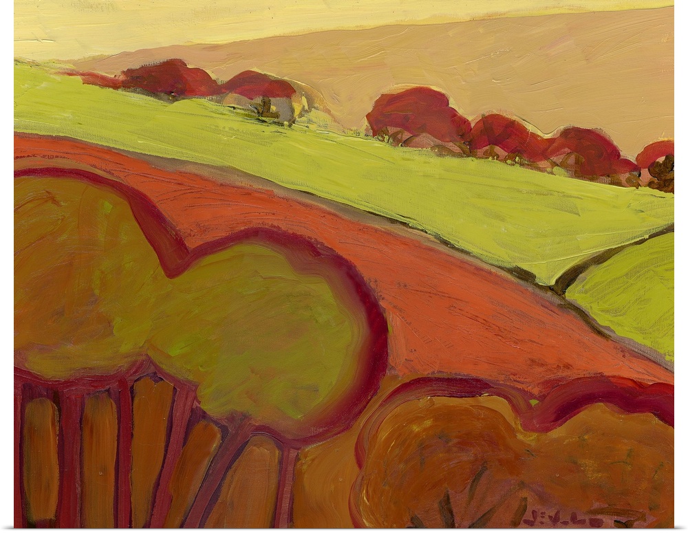 Contemporary abstract painting of hillside with trees.