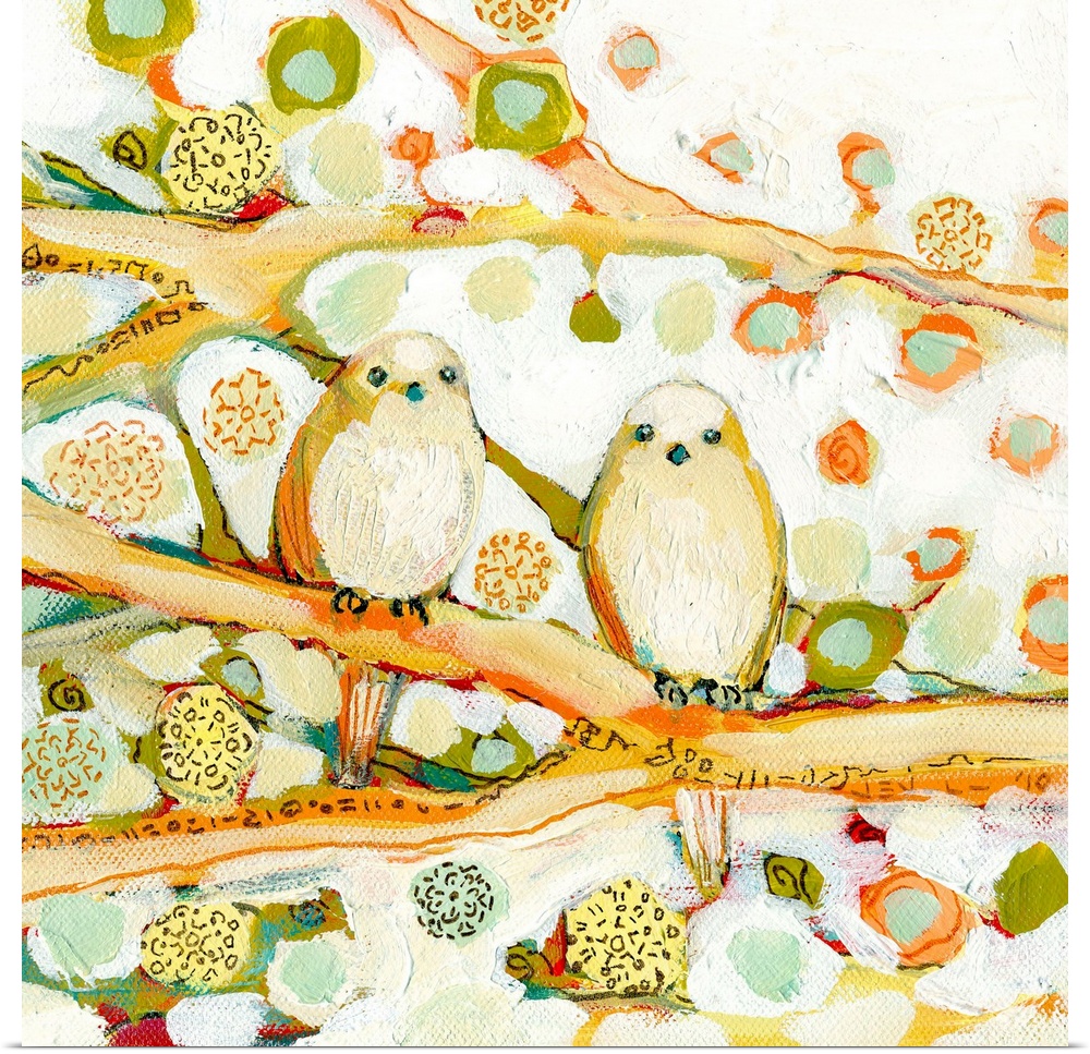 A square contemporary painting of two birds sitting on tree limbs with warm brush strokes.