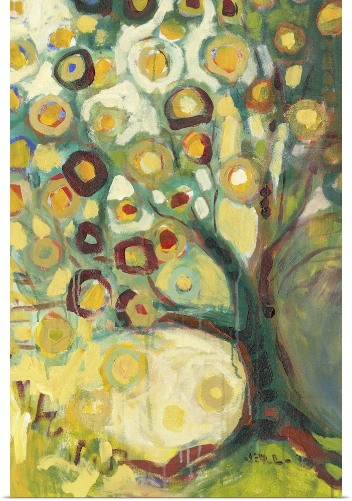 Contemporary abstract painting leaf filled tree.  The fall leaves are represented by circles, some with borders/rings diff...