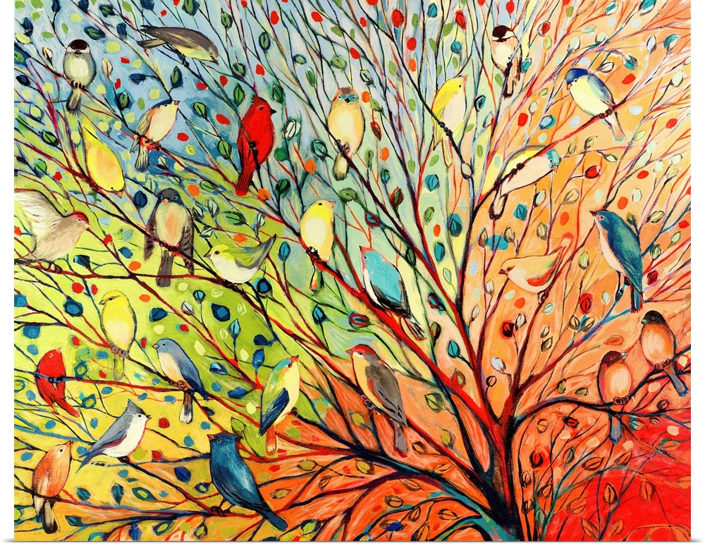 Landscape, oversized contemporary painting of a variety of birds in a tree with flowing branches and small leaves, on a ba...