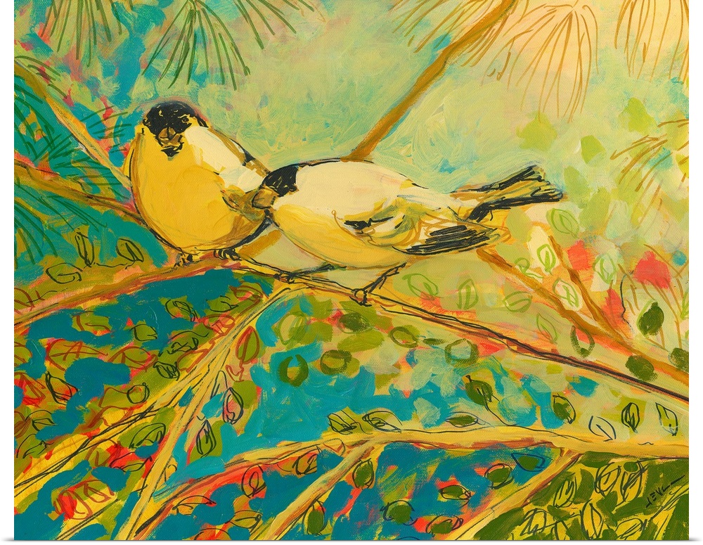 Large contemporary art displays two Goldfinches sitting on a tree branch during a sunny day.  Artist heavily uses lines to...