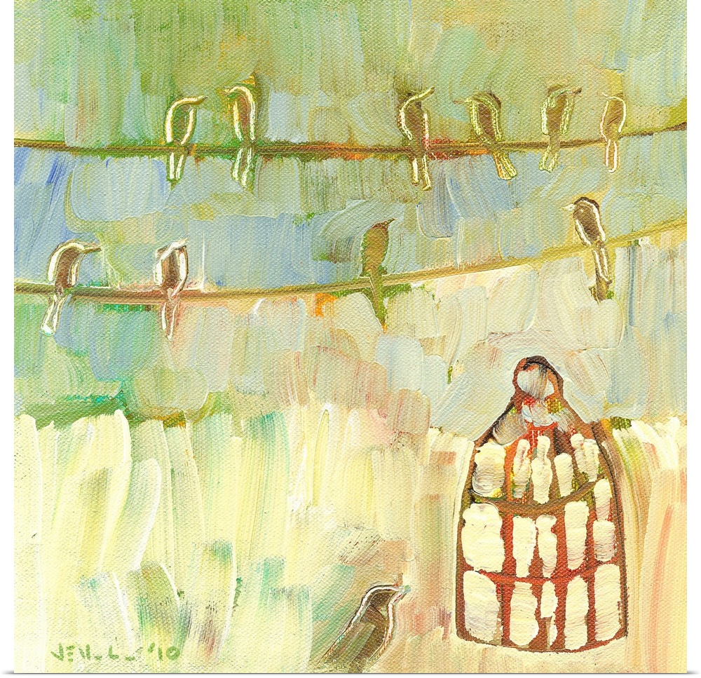 Painting of birds resting on a power line with a cage on the ground in a mix of cool and warm tones creating a rough texture.