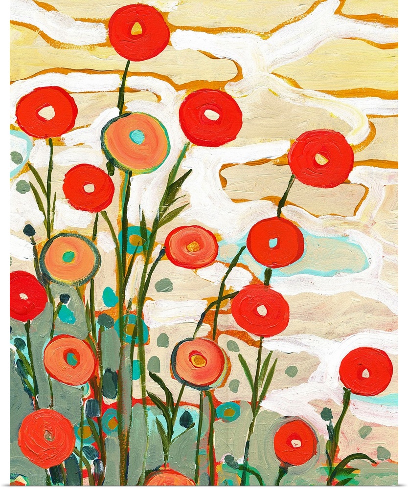 Giant contemporary art depicts an assortment of poppy flowers constructed of lots of circles and vertical lines enjoying a...