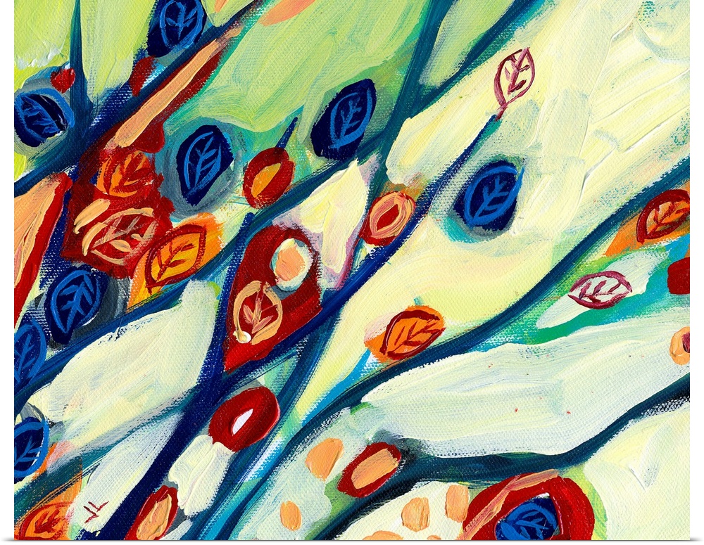 Large abstract painting featuring mutlicolored leaves and branches in a mix of cool and vibrant tones.