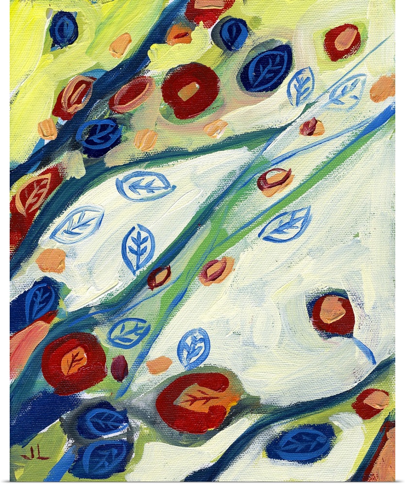 A piece of contemporary artwork that uses mostly primary colors to paint leaves growing off branches in a diagonal pattern.