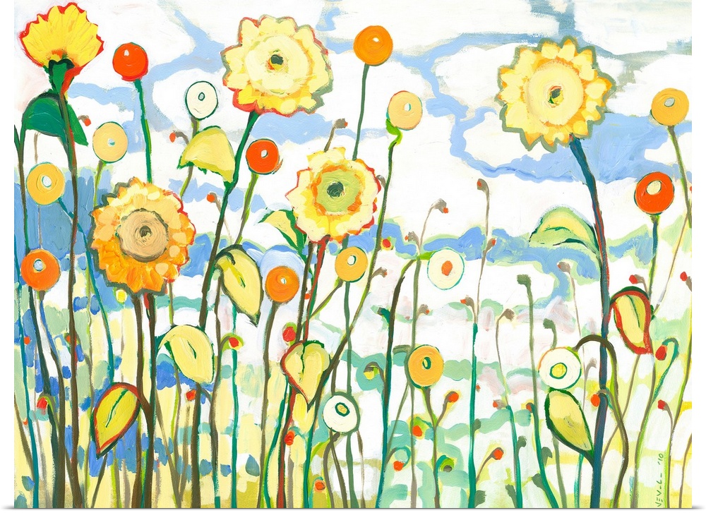 This contemporary painting shows abstract sunflowers and poppy pods growing in the bright sunlight.