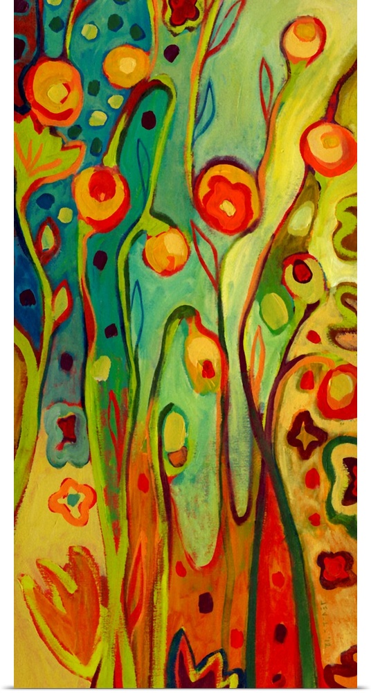 Vertical abstract painting of flowers with long stems with various circles and flower shapes in the background.