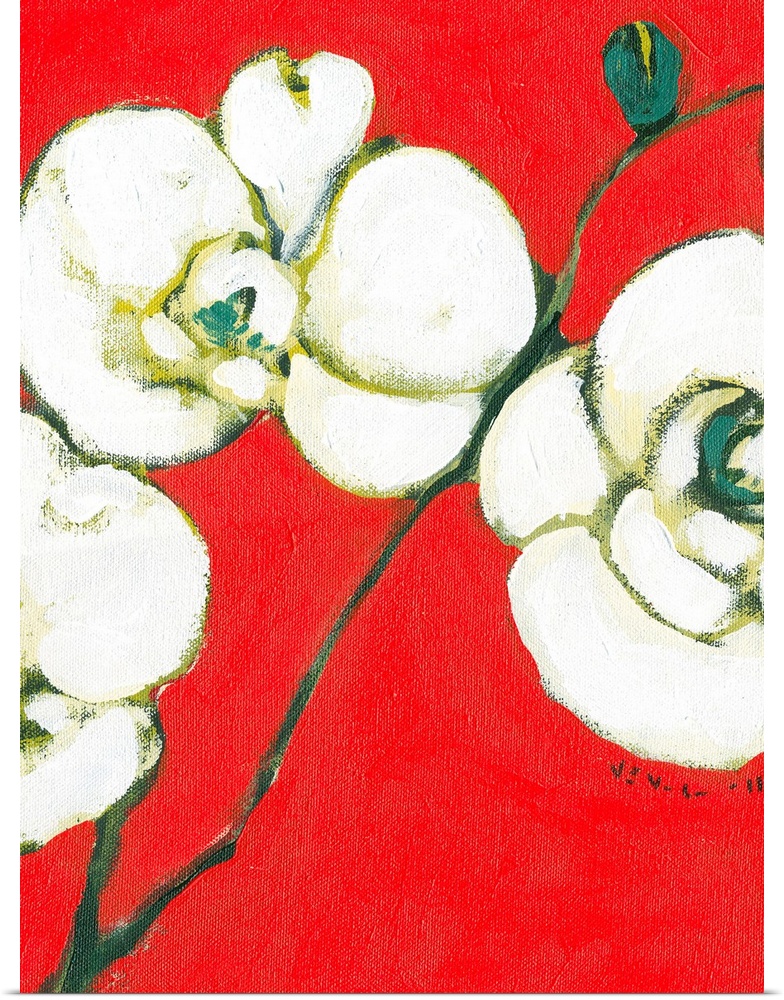 Abstract painting of three flowers on stems against a warm and bright background.