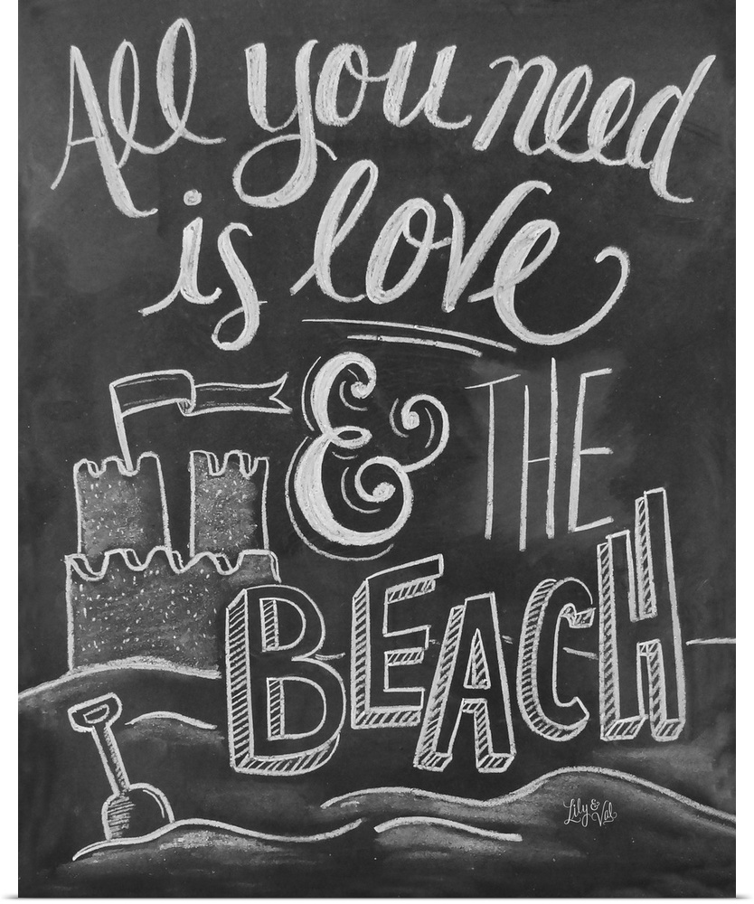 "All you need is love and the beach" handwritten with a drawing of a sand castle.