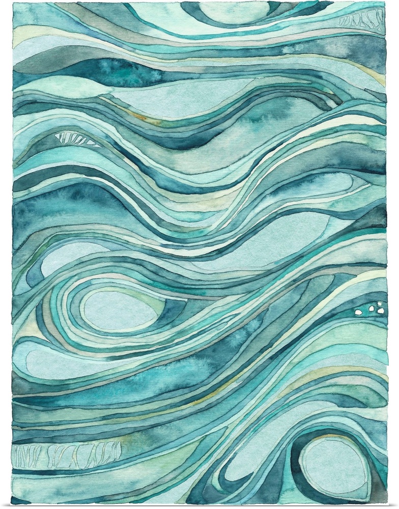 Contemporary abstract watercolor artwork in blue shades, resembling waves of flowing water.
