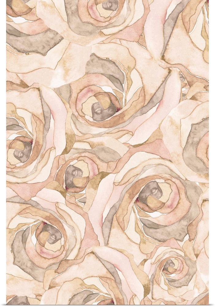 A group of peach-toned roses bundled closely together.