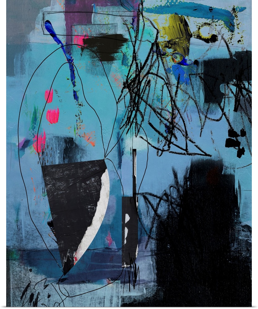 A dark toned contemporary abstract painting with heavy charcoal scribble accents over shades of blue
