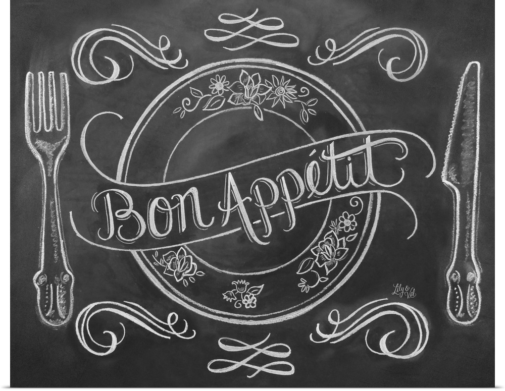 "Bon Appetit" handwritten on a drawing of a place setting in white chalk on a black background.