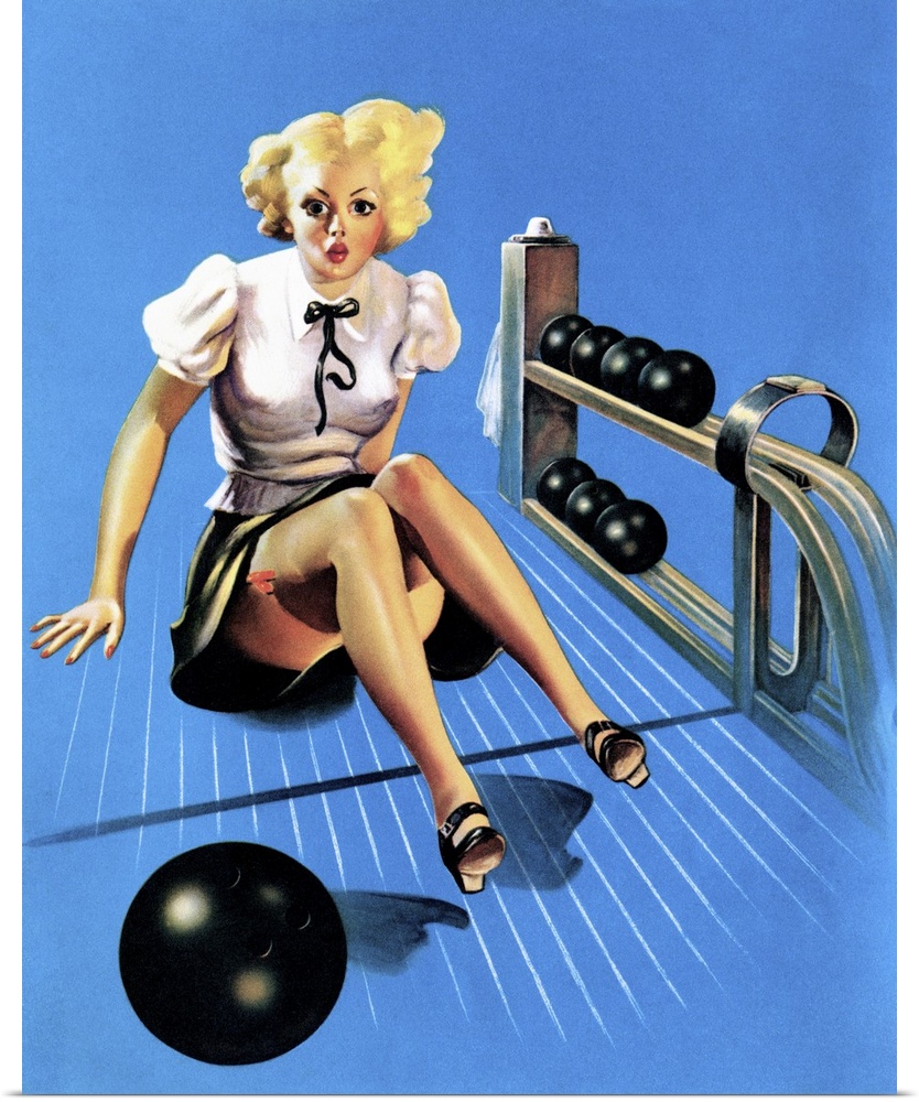 Vintage 50's illustration of a young woman with a bowling ball, sitting in the lane.