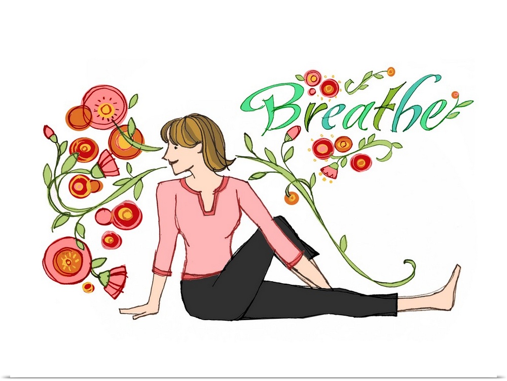 Illustration of a woman stretching with flowers surrounding her.
