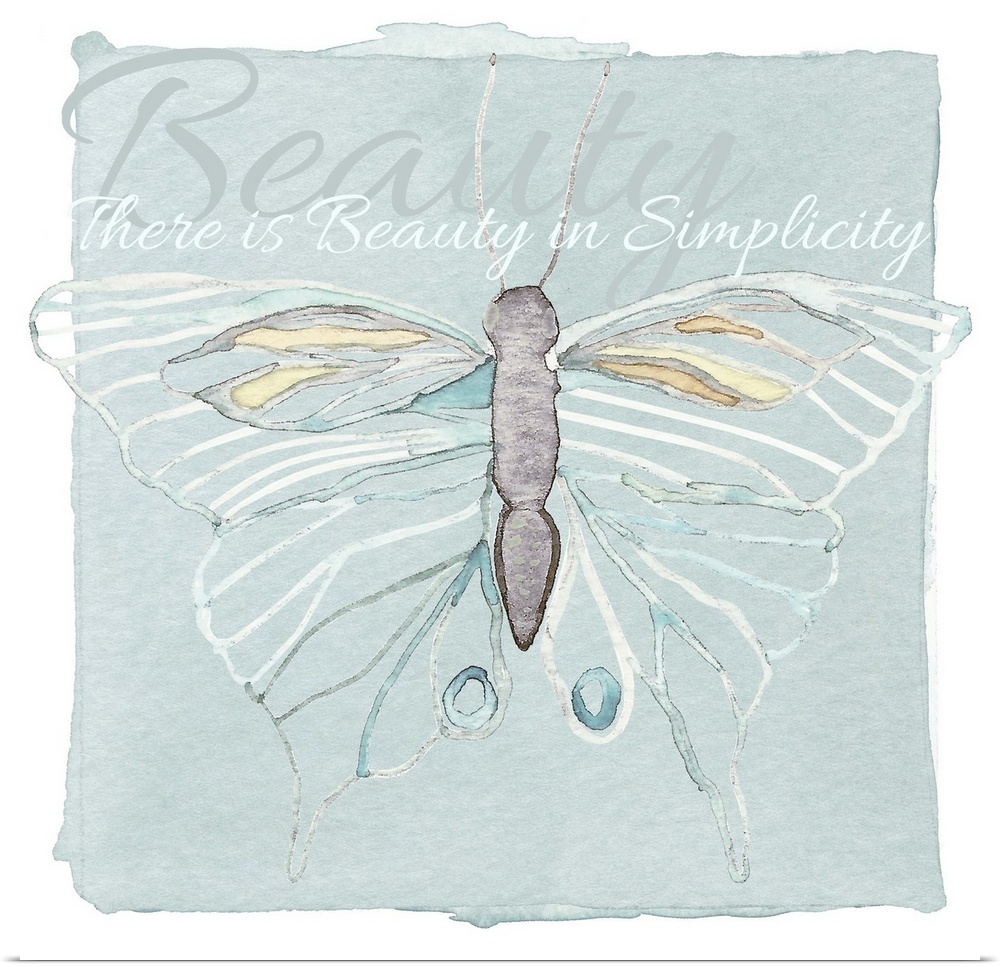 Decorative watercolor painting of a butterfly with white outlined wings, and the phrase "There is beauty in simplicity."