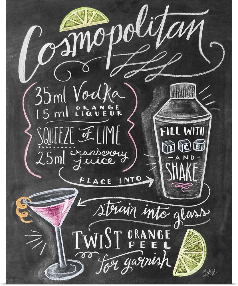 Recipe for a mixed drink hand written and illustrated in chalk on a black background.