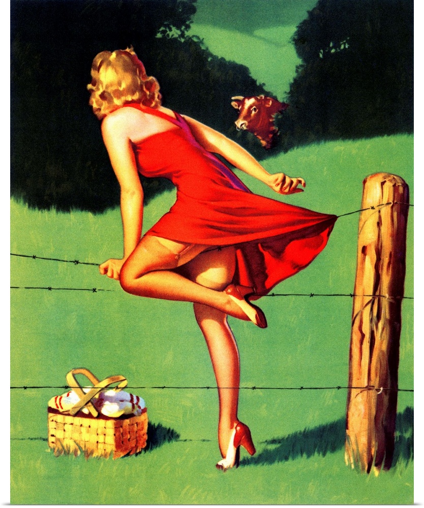 Vintage 50's illustration of a young woman climbing over a fence.