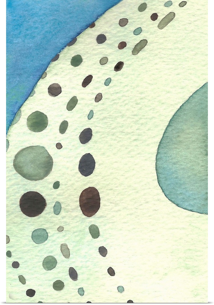 Contemporary watercolor artwork featuring several round shapes curving around a pale yellow form.